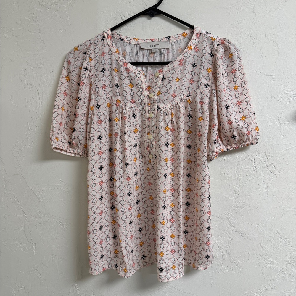 LOFT Light Pink Geometric Print Puff-Sleeve Blouse